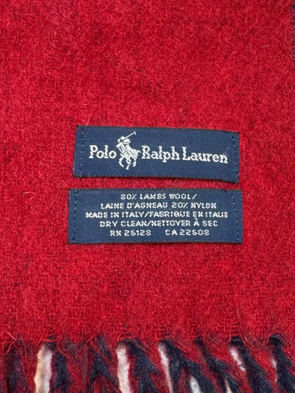 Vintage Polo Ralph Lauren Giant Pony Red Blue Wool Blend Fringe Scarf Italy 70